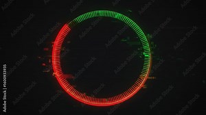 A digital circle in the dark, split between red and green, showing digital glitches along its edges
