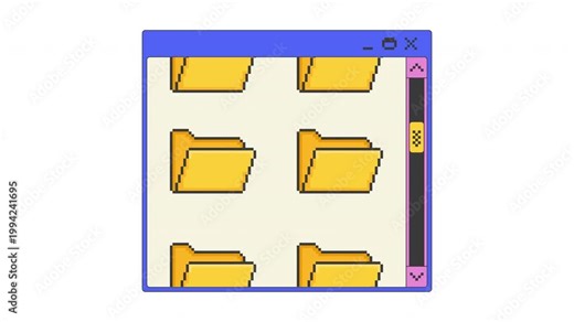 Multiple folders with scroll bar pixel art pop-up window UI overlay animation. Directory browsing. File organization. Storage navigation. Blocky interface element motion. Retro 8bit UX design 4K video