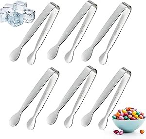 6PCS Mini Small Tiny Tongs, 4.25Inch Kitchen Metal Stainless Steel Small Tongs for Serving Food, Ice, Salad, Toaster, Desserts, Appetizers and Charcuterie Board (6 Pack, Silver)