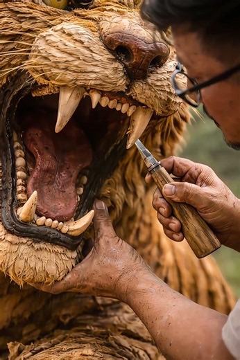 Carving a Massive Tiger from Wood