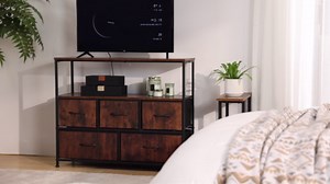 DUMOS TV Stand Dresser with 5 Fabric Storage Drawers, Media Console Featuring Open Shelf for 45 inch TV, Compact Entertainment Unit for Bedroom, Living Space, or Dorm Organization, Black