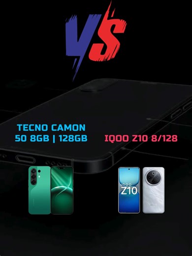 TECNO Camon 50 vs iQOO Z10 Chipset\tiQOO Z10 lebih kuat dengan Snapdragon 7s Gen 3 dibanding TECNO Helio G200 Ultimate. Memory\tKeduanya sama 8/128 GB, namun setara di LPDDR4X/UFS 2.2. Kamera\tTECNO unggul dengan kamera 50 MP OIS Sony Lytia 700C dibanding iQOO 50 MP OIS Sony IMX882. Layar\tiQOO unggul dengan AMOLED 120 Hz 5000 nits Victus 2 dibanding TECNO AMOLED 144 Hz 4500 nits. Baterai\tiQOO unggul dengan 7300 mAh 90 W dibanding TECNO 6500 mAh 45 W. Fitur Tambahan\tTECNO unggul dengan IP69, N