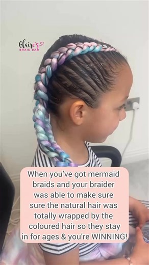 Did you know…..the correct way to do mermaid braids is to totally wrap the natural hair in the coloured extensions which takes lots of practice 🩷. Doing this makes them not just look amazing but ensures long lasting braids. Follow for more tips #braidstyle #hairinspo #braids #braidideas #braidinspo #dutchbraids #mermaidbraid #mermaidbraids | Claire’s Braid Bar