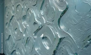 A large, abstract piece of art made of glass. The glass is arranged in a way that creates a sense of movement and fluidity, with various shapes and curves. Scene is one of elegance and sophistication