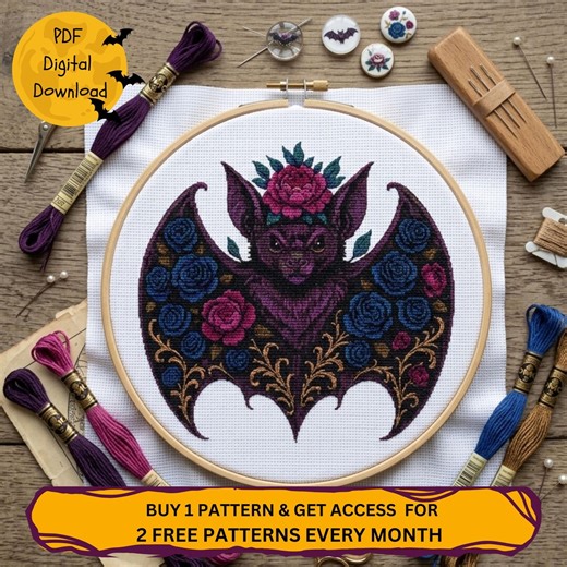 Gothic Art Bat Cross Stitch Pattern PDF Dark Floral Design, Halloween Embroidery Design Digital Download Point De Croix, Punto De Cruz - Etsy