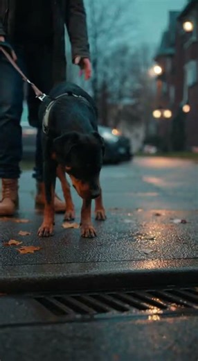Dog freeze, softly growling at a suspicious storm drain.