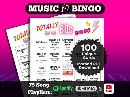 Music Bingo: Totally 80s Bingo. 100 Card Set. Instant PDF Download. Spotify, Apple Music, and Youtube Playlists. - Etsy