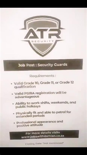 ATR Security is hiring Security Guards . Google and search JobsWithDamian to apply . #JobsWithDamian #JobsWithDamianSA #JobsWithDamianForSecurity #GradeCSecurity #SouthAfrica security jobs hiring 2026 jobswithdamian Security services company 2026 Security post for 2026 around KZN security salary grade c job with damian jobs with damian jibs with damian. co.za jobswithdamian . co.za hollywood security job security jobs for women security jobs for men security jobs security job around pretoria sec