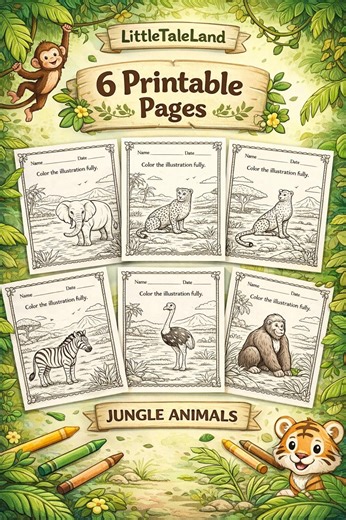 Jungle Animals Coloring Pages | Safari Printable Worksheets for Kids | Preschool Activity Pack | 6 PDF A4 Instant Download - Etsy