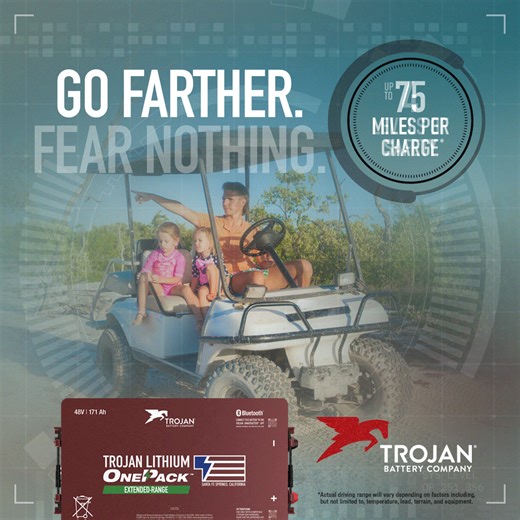 📍 75-mile range 🔋 No need for frequent charging 💪 Added power for uphill acceleration ☂️ Four levels of safety redundancy The new Trojan Lithium OnePack™ Extended Range (XR) is an ideal drop-in replacement for low-speed recreational vehicles, including 6-8 passenger golf carts. Get peace of mind that you won’t run out of battery life. Discover what else it brings to the table: https://info.cdtrojan.com/trojan-lithium-onepack-xr #lithiumion #lithiumbattery #TrojanLithium | Trojan Battery Compa