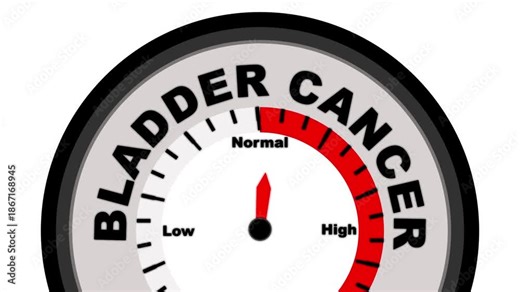 Bladder Cancer text or word displayed with a barometer or tachometer-style gauge showing levels from low to normal to high, symbolizing the severity of the cancer and its stages