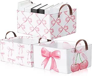 Boao 3 Pcs Coquette Pink Bow Storage Bin Collapsible Large Storage Baskets for Gifts Empty Candy Holiday Decor Canvas Laundry Basket Foldable Box with Handle for Office Home Bedroom Clothes