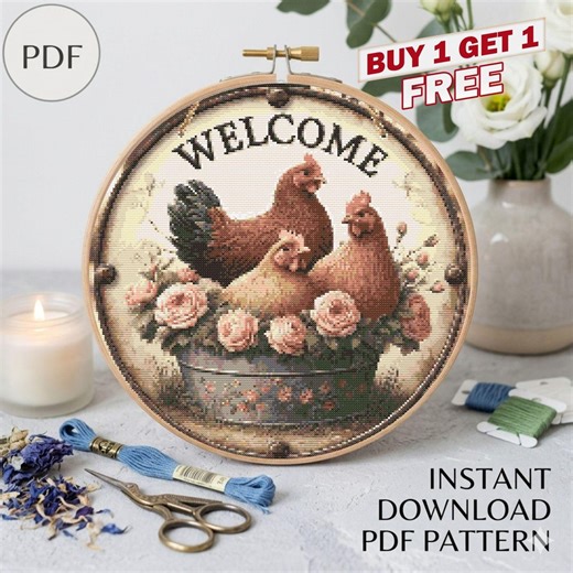 Farmhouse Chicken Cross Stitch Pattern, Rooster Hen Floral Embroidery Design (PDF)