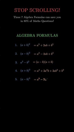 7 Algebra Formulas That Solve 90% of Maths Questions | Fast Revision #shorts #mathematics #ytshorts