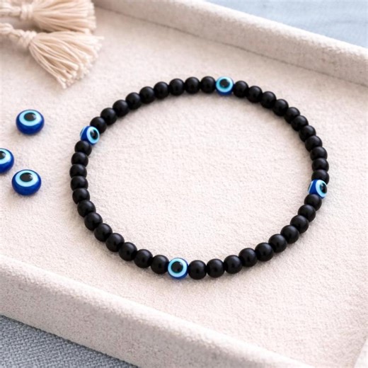 Matte Onyx Evil Eye Bracelet | 4mm Minimalist Unisex Evil Eye Jewelry | All Direction Guarding and Protection - Etsy