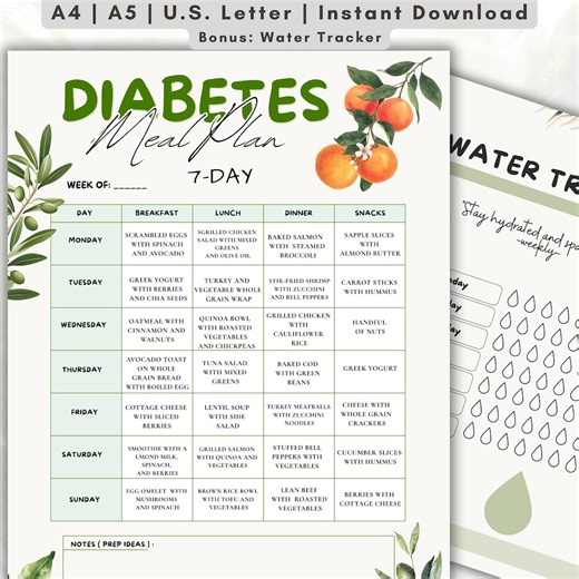 Diabetes Meal Plan Printable, 7 Day Diabetes Friendly Menu, Weekly Meal Planner With Water Tracker PDF, Low Carb High Fiber Foods - Etsy Canada