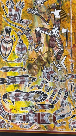 Brilliant art from Rodney King - How many different animals can you see? All framed and ready for your walls! #indigenousart #billabong #aboriginalart #animals #foryou | Readback Aboriginal Art Darwin