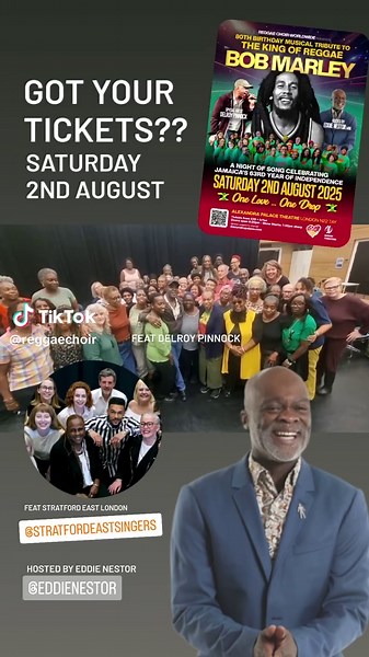 ONE LOVE, ONE DROP Reggae Choir is takes over Alexandra Palace on Sat 2nd August with a powerful, musical tribute to the King of Reggae himself — BOB MARLEY! 🇯🇲 Celebrating his 80th year. Bring your voice, your vibes and your whistles. Hosted by Eddie Nestor featuring Delroy Pinnock and Stratford East Singers is one you don’t want to miss. 💛💚❤️ 🗓️ #Saturday2ndAugust 📍 #AlexandraPalace Tickets from £25 BF www.alexandrapalace.com #ReggaeChoir #BobMarleyTribute #OneLoveOneDrop @badmaneddienes