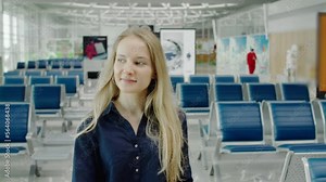 Blonde cheerful young female model girl in front of cafeteria bar in the airport lounge holding her mobile phone and smiling