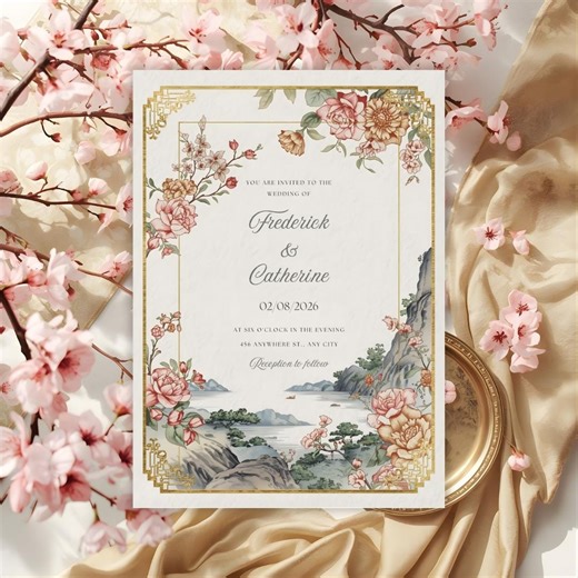 Asian Inspired Wedding Invitation, Elegant Oriental Floral Landscape Template, Editable Canva Download, Printable Digital Wedding Card 5x7 - Etsy