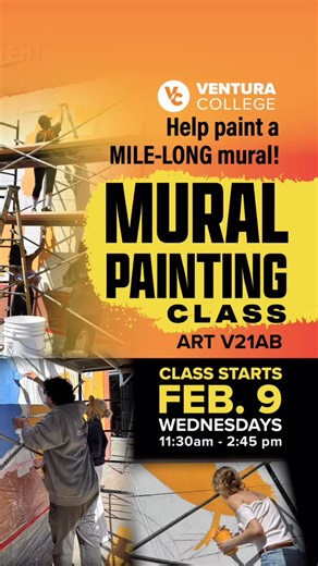 Ventura College on Instagram: "Help paint a mile-long mural! 🫟🖌️🎨 🎨To participate in this amazing project, sign up for Mural Painting at Ventura College. In our ART V21AB class, you’ll help make the largest piece of public art in the county! 🫟The class starts February 9 and will be held Wednesdays from 11:30 a.m. - 2:45 p.m. 🧡Need help signing up? Contact our Welcome Center! ☎️805-289-6420 📧 vcwelcome@vcccd.edu"