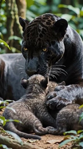 Rare Moment: Black Panther With Her Cubs