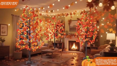 8 Modes & Remote - 3 Pack Lighted Fall Tree (4FT, 5FT, 6FT) with 240 Warm White LED Lights, Timer/USB Plug, Fall Decorations for Home Maples Tree for Autumn Thanksgiving Decor Party Indoor Outdoor