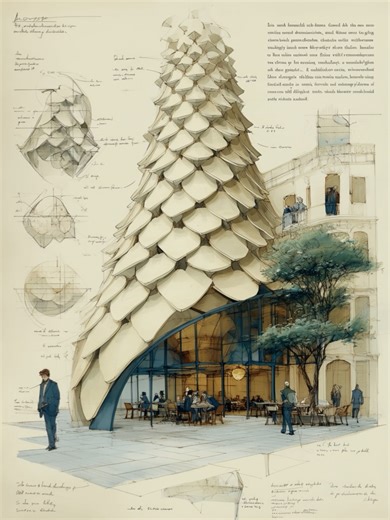 emunarq on Instagram: "These pinecone-inspired structures explore the idea of adaptive skins: façades that open or close in response to humidity, light, or climate. Like pine scales protecting seeds, the architecture becomes dynamic—breathing with its environment. Surfaces fold, shift, and overlap to regulate light, airflow, and protection, blurring the line between building and organism. A vision of architecture not as static form, but as a living skin that adapts with nature. #emunarq #aiarchi