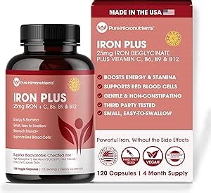 Iron Supplement for Women - Gentle Chelate Iron Bisglycinate 25mg with Vitamin C, B6, B12 Folic Acid – Supports Iron Deficiency, Menstrual Health & Energy - 120 Count