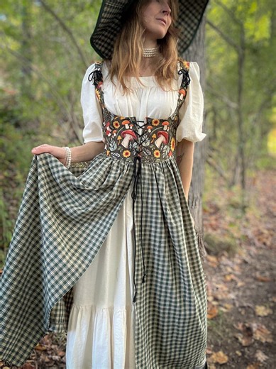 Sunflower & Mushroom Corset Duster – Green Plaid Stay Overdress | Artisan Cottagecore Dress With Pockets - Etsy