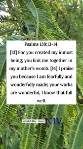 Psalms 139:13-14 [13] For you created my inmost being; you knit me together in my mother’s womb. [14] I praise you because I am fearfully and wonderfully made; your works are wonderful, I know that full well. English Bible - Gospel | English Bible - Gospel