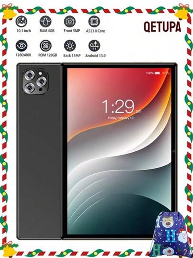 Qetupa 10,1 pouces Tablette Android 13 M9-4, 4 Go de RAM + 128 Go de ROM, processeur octa-core A523 2,0 GHz, écran tactile IPS HD (1280x800), caméra frontale 5 MP et caméra arrière 13 MP, batterie 6000 mAh, Wi-Fi 802.11ac 2,4 G + 5 G, Bluetooth 5.4, GPS, sans prise en charge de la carte SIM, convient pour la lecture et le jeu | SHEIN