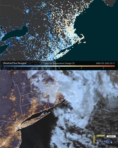 Even quiet nights tell a story. As clouds move out across Massachusetts, Connecticut, and Rhode Island, surface temps cool (blue). When the clouds return, the ground warms (red) - a great example of how clouds trap longwave radiation, like a blanket over the Earth. The Tempest network makes it possible to see these subtle shifts in real time, bringing everyday weather to life | WeatherFlow-Tempest