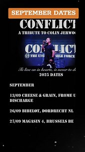 We have 3 more dates this year for our Tribute to Colin Jerwood. 13/09 Cheese & Grain, Frome UK Supporting @discharge.official 26/09 Bibelot, Dordrecht NL 27/09 Magasin 4, Brussels BE 📸 @liajacobifotograf (Pipeline, Sundsvall SE) Jens Radaal (Loppen, Christiana DK) #colinjerwood #colinconflict #conflictatributetocolinjerwood #conflict #conflictuk #conflictband #conflictlive #theungovernableforce #toliveoninheartsisnevertodie | CONFLICT