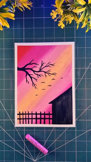 Beautiful Sunset House 🏡Scenery | Gallery Soft Oil Pastels Drawing Step by Step #oilpastel #shorts