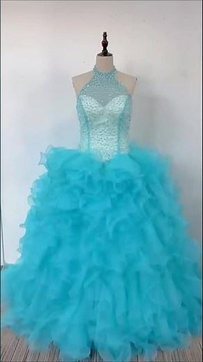 Robe Bal De Promo Princesse Graduation Aqua Organza Licou a Volant Perle #dress rd138