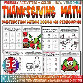 Subtraction within 30 & 40 Without regrouping | Thanksgiving Activities Math Fun