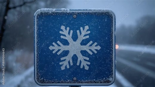 Snowflake Winter Storm Warning Sign Covered in Falling Snow