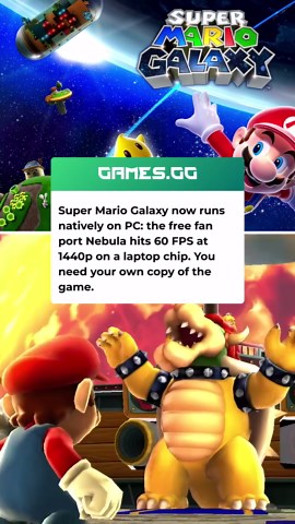 Super Mario Galaxy now runs natively on PC. A free fan project called Nebula recompiles the Wii game into a Windows program, with no emulator: 60 FPS at 1440p on a laptop chip in DSOGaming's test, ultrawide up to 32:9, mouse and keyboard or a controller.