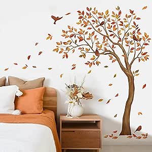 wondever Fall Large Tree Wall Stickers Autumn Falling Leaves Peel and Stick Wall Art Decals for Living Room Bedroom TV Walls (H: 67 Inches