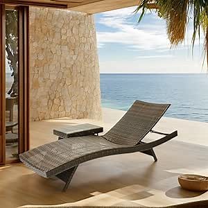 79'' Long Reclining Chaise Lounge + Side Table Set of 2, Outdoor Wicker Reclining Lounge Chair Patio Rattan Double Chaise Lounge + Coffee Table Lawn Sunbathing Chairs Beach Pool Backrest Recliners