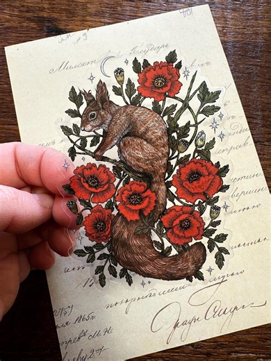 Beautiful Transparent Vinyl Sticker- Squirrel and Red Flowers - Waterproof Sticker - Etsy