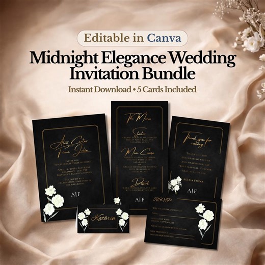 Modern Black Wedding Invitation Template | Luxury Editable Canva Wedding Invite | Minimalist Elegant Wedding Invitation Set | Download - Etsy