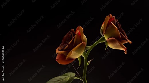 Timelapse of rose blooming and wilting against a dark background