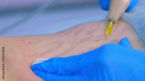 Doctor making injection of carbon dioxide on patient abdomen on carboxytherapy, tummy closeup. Cosmetologist woman using special apparatus. Treatment, cure and remove of skin tags and stretches.