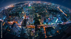 4k Time lapse aerial view of Bangkok city overlook Bangkok city, tiny world, high rise building, road, fish eyes lenses, Tourist destination in Thailand.