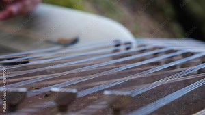 A close-up of a musician playing a string musical instrument, the cymbals. Selective focus. Traditional musical instrument of the peoples of Eastern Europe