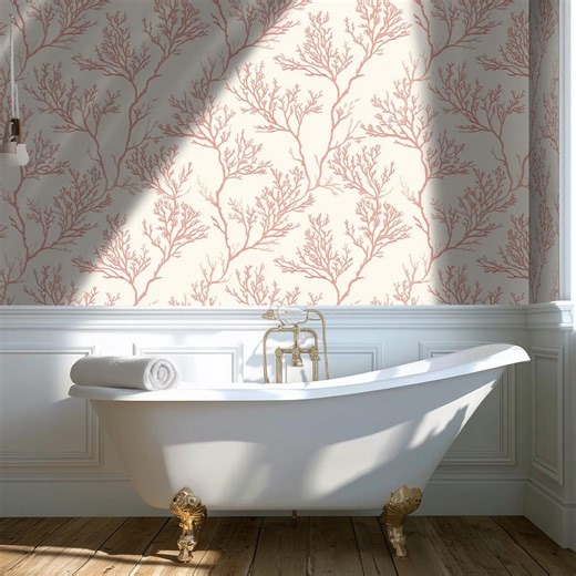 Coral Reef Pattern Wallpaper: Coastal Bathroom Wallpaper in Soft Coral and Cream - BS179 - Etsy UK