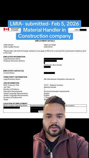 #greenscreen LMIA- submitted on Feb 5, 2026 for Material Handler in Construction company #ifile #ircc #canada #lmia
