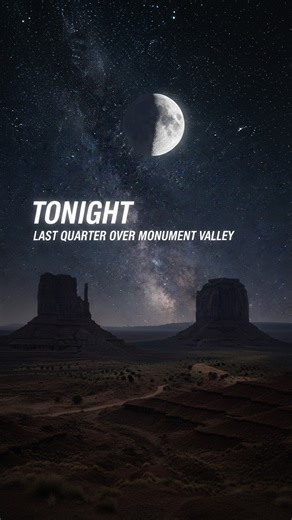 TONIGHT — the Last Quarter Moon walks between the mesas of Monument Valley. Around midnight, a half-lit Moon will rise over the desert, its bright side facing west while the dark side vanishes into the sky. This phase keeps the early evening sky dark for deep-sky observing, then turns the landscape silver in the hours before dawn. Between the mesas, the Moon hangs like a lantern over a fossilized ocean of rock that has been eroded for tens of millions of years. Will you stay up late enough to wa